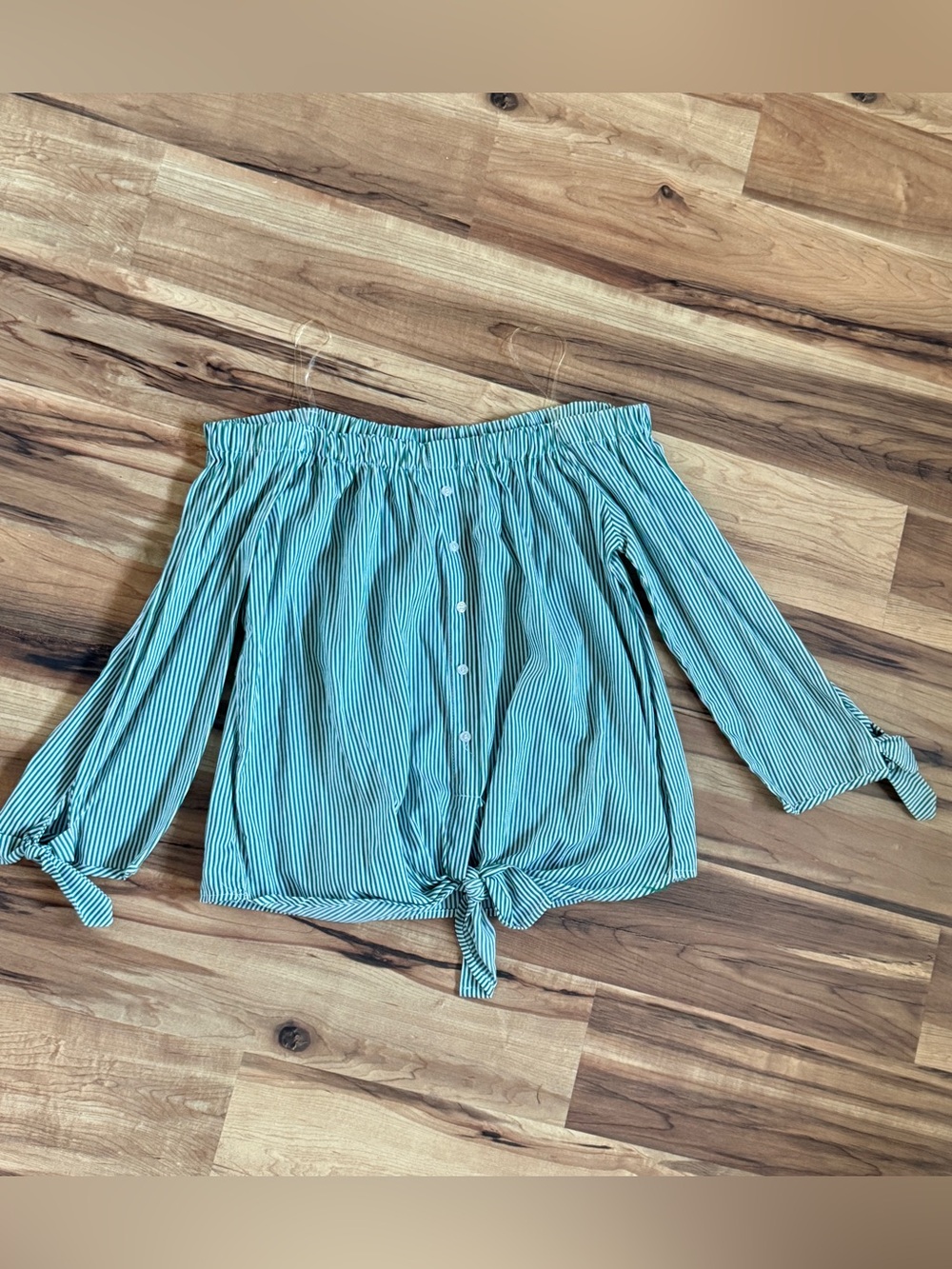 Striped Off-Shoulder Tie-Hem Top - Green